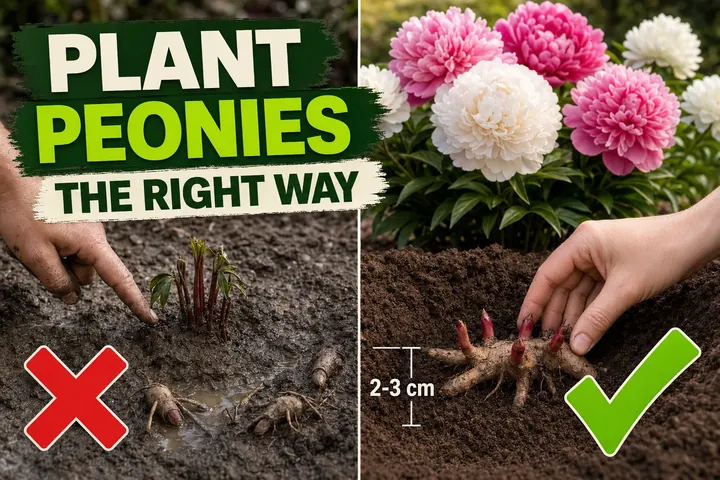 Split-screen: a peony tuber buried too deep with no blooms on the left versus a tuber at the correct 2–3 cm (1 in) depth with full blooms on the right.