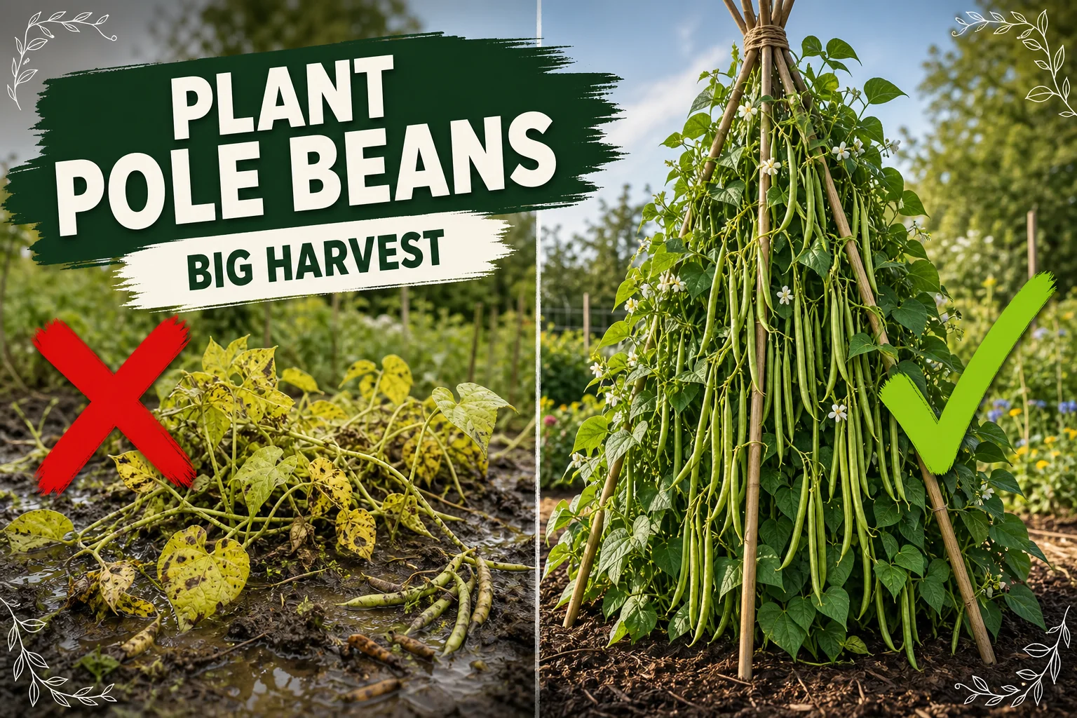 Split-screen showing yellow stunted pole bean seedlings in cold soggy soil versus thriving pole beans climbing a bamboo teepee covered in long pods.
