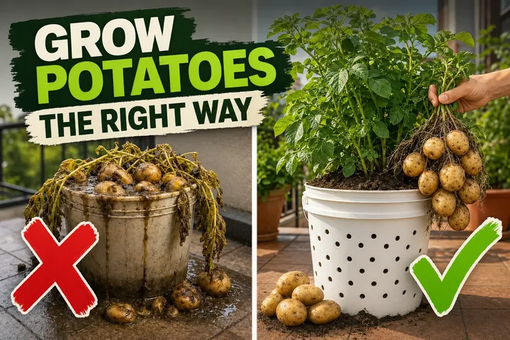 Split-screen of an overcrowded waterlogged bucket of dying potatoes on the left and a clean 5-gallon bucket with a healthy potato harvest on the right.
