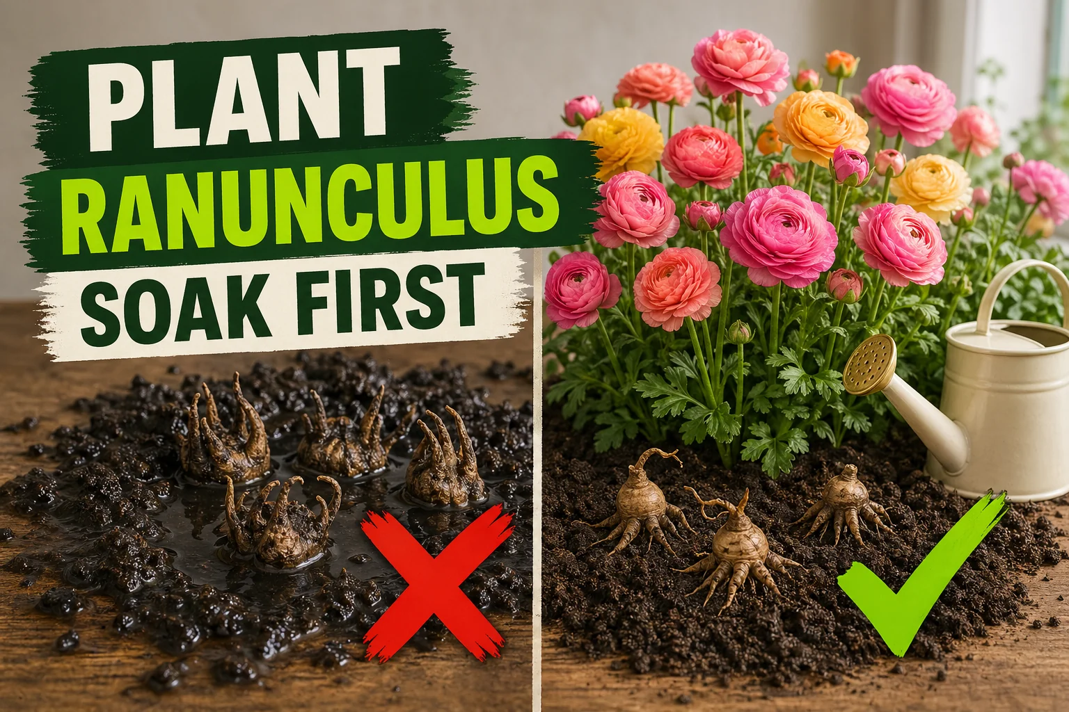 Split-screen with shrivelled ranunculus corms planted claws-up in soggy soil versus a drift of pink, coral, and yellow ranunculus blooms.