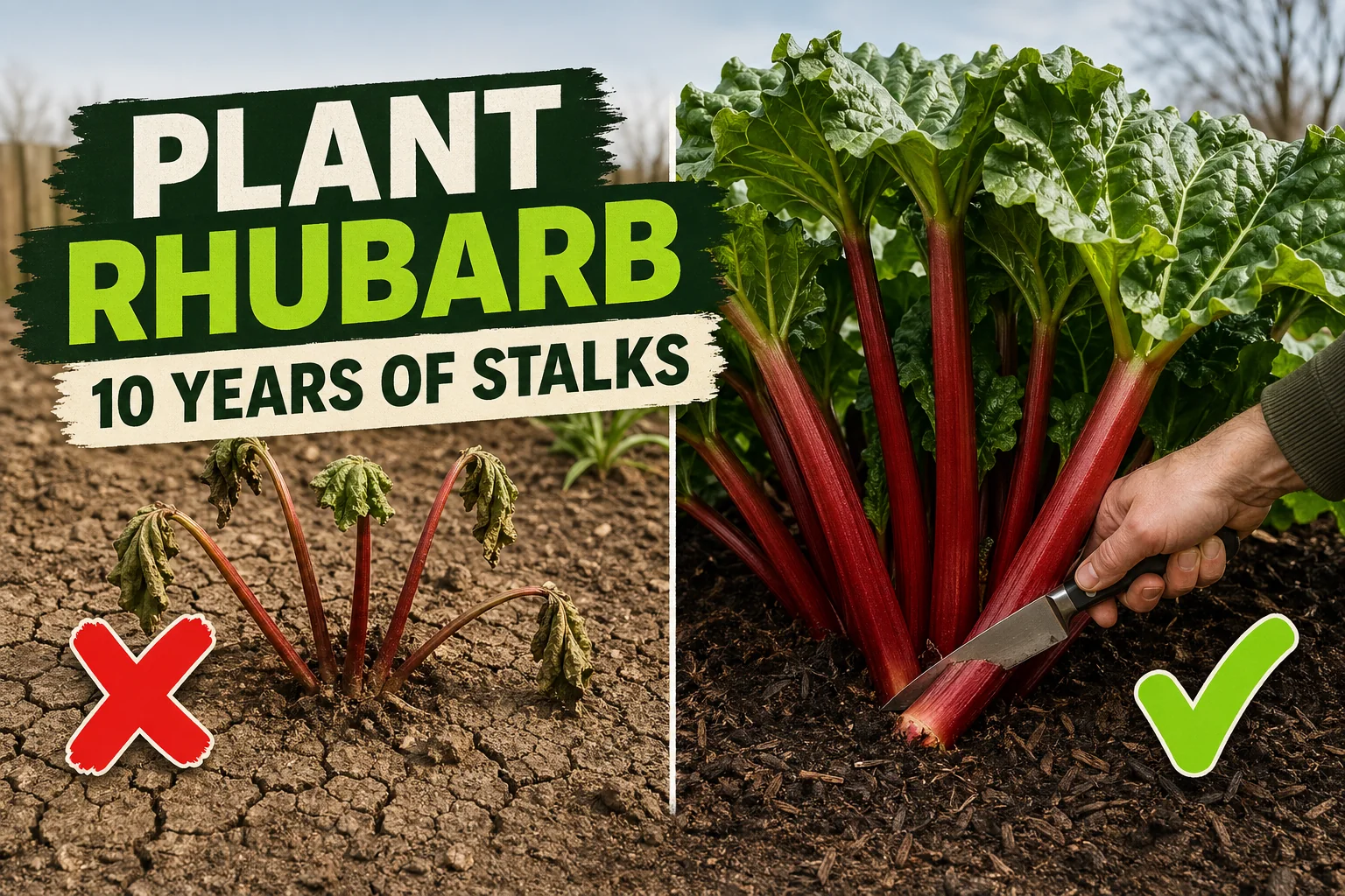 Split-screen showing a thin spindly young rhubarb crown in cracked dry soil on the left versus a thriving mature rhubarb plant with thick red stalks and