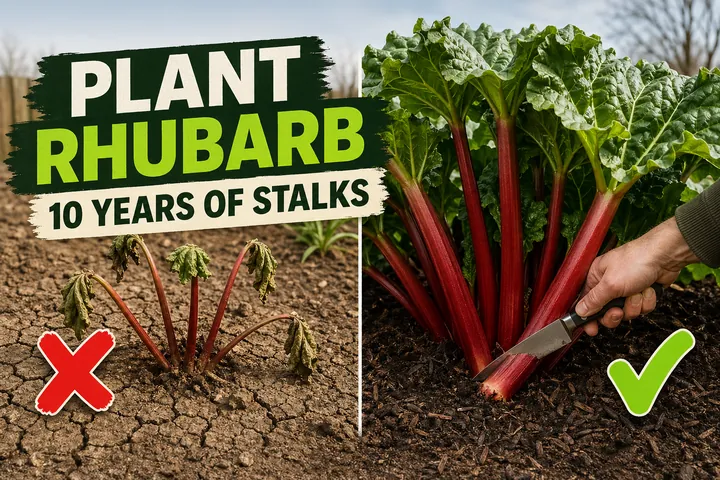 Split-screen showing a thin spindly young rhubarb crown in cracked dry soil on the left versus a thriving mature rhubarb plant with thick red stalks and
