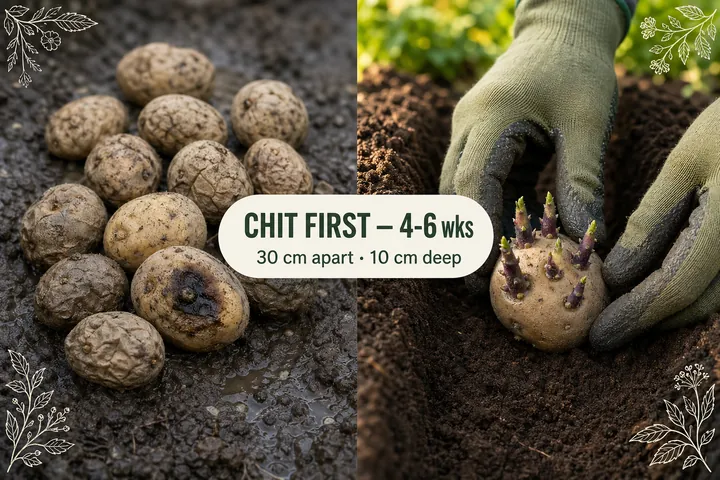 Split-screen: rotten ungerminated seed potatoes on the left versus healthy chitted seed potatoes with strong sprouts placed into a planting trench.