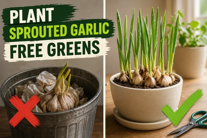 Split-screen showing a wrinkled sprouted garlic bulb in the trash versus the same cloves replanted in a cream pot with healthy green shoots.