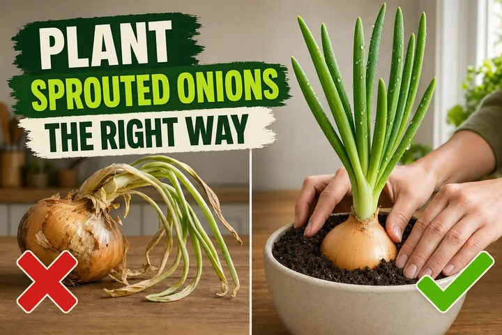 Split-screen comparison showing a wilting sprouted onion on the left versus a sprouted onion correctly planted in soil with thriving green shoots on the right.