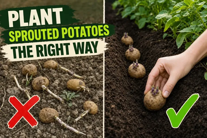Split-screen showing broken sprouted potatoes dumped into dry soil on the left and a hand placing a chitted seed potato sprout-up in a deep trench on the right.
