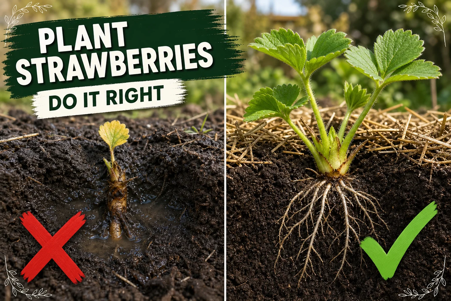 Split-screen of strawberry crowns planted incorrectly buried too deep next to crowns set perfectly at soil level with new green leaves emerging.