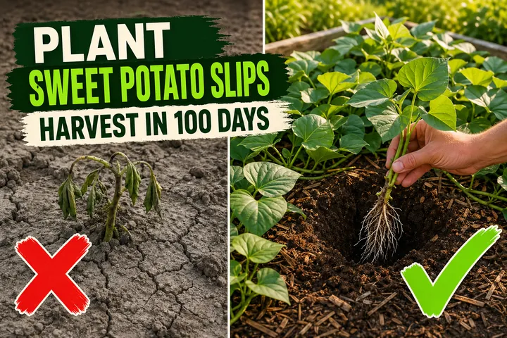 Split-screen showing a wilting sweet potato slip in cold clay soil on the left and a hand planting a rooted slip into a warm mulched raised bed with a thriving