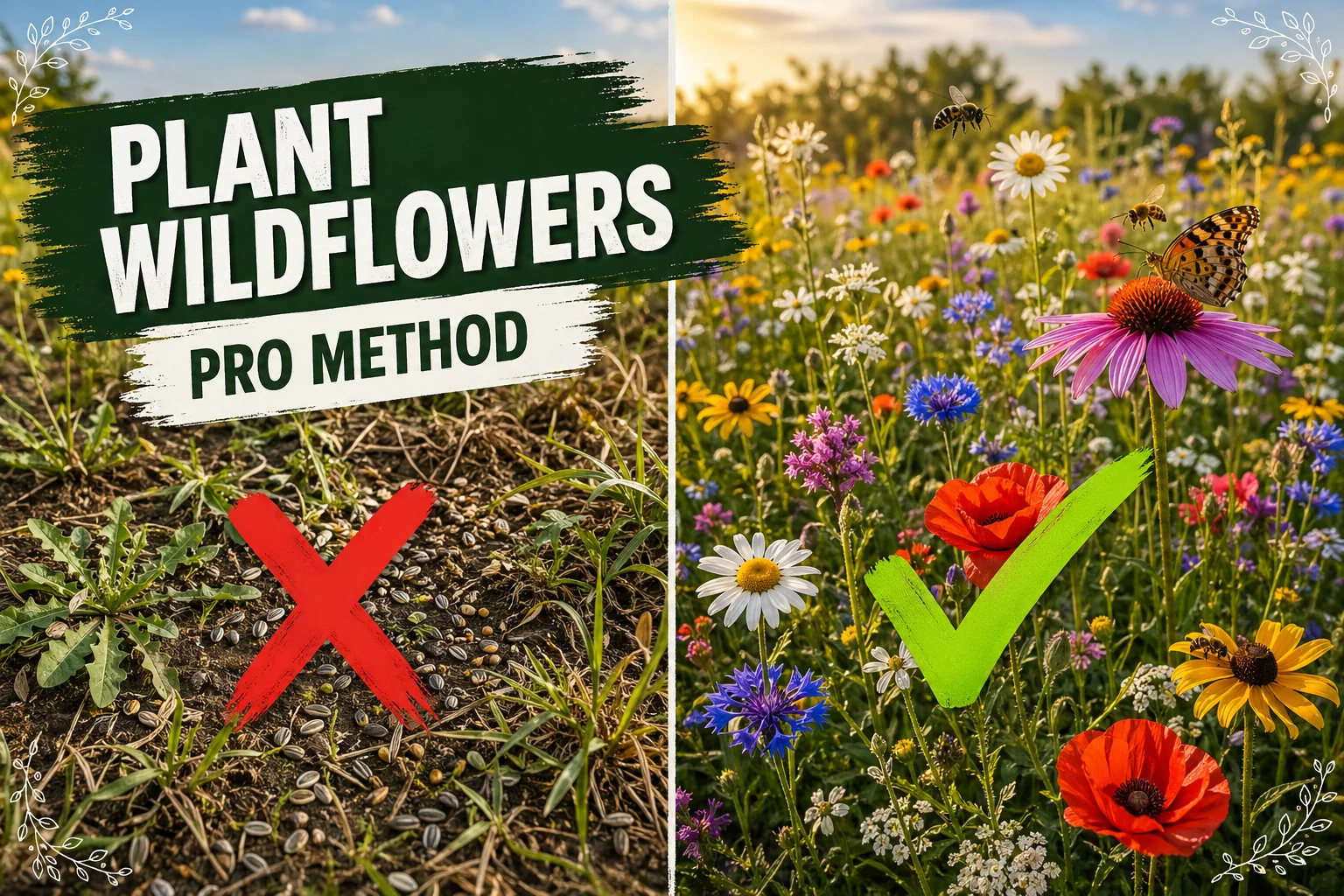 Split-screen: weed-choked ground with scattered seeds versus a vibrant native wildflower meadow in full bloom with pollinators.