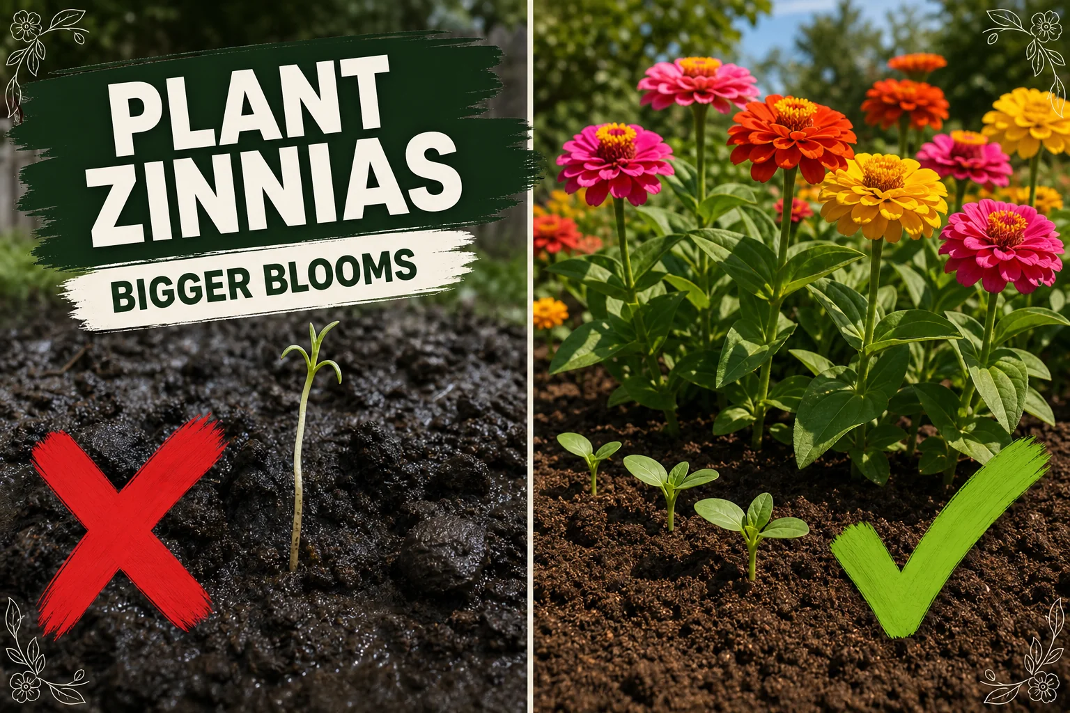 Rows of bright cut-flower zinnias in pink, orange, and yellow blooming in full sun beside a row of newly direct-sown zinnia seedlings emerging from warm soil.