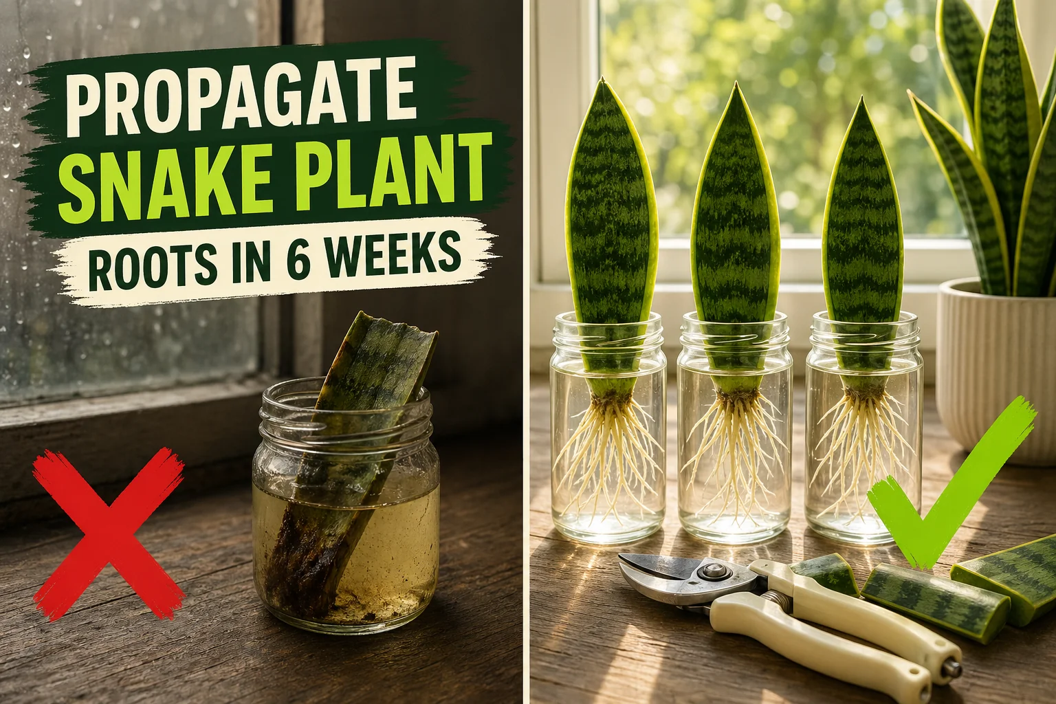 Split-screen showing a failed snake plant leaf cutting rotting in cloudy water on the left and three healthy snake plant leaf segments rooting in clear glass