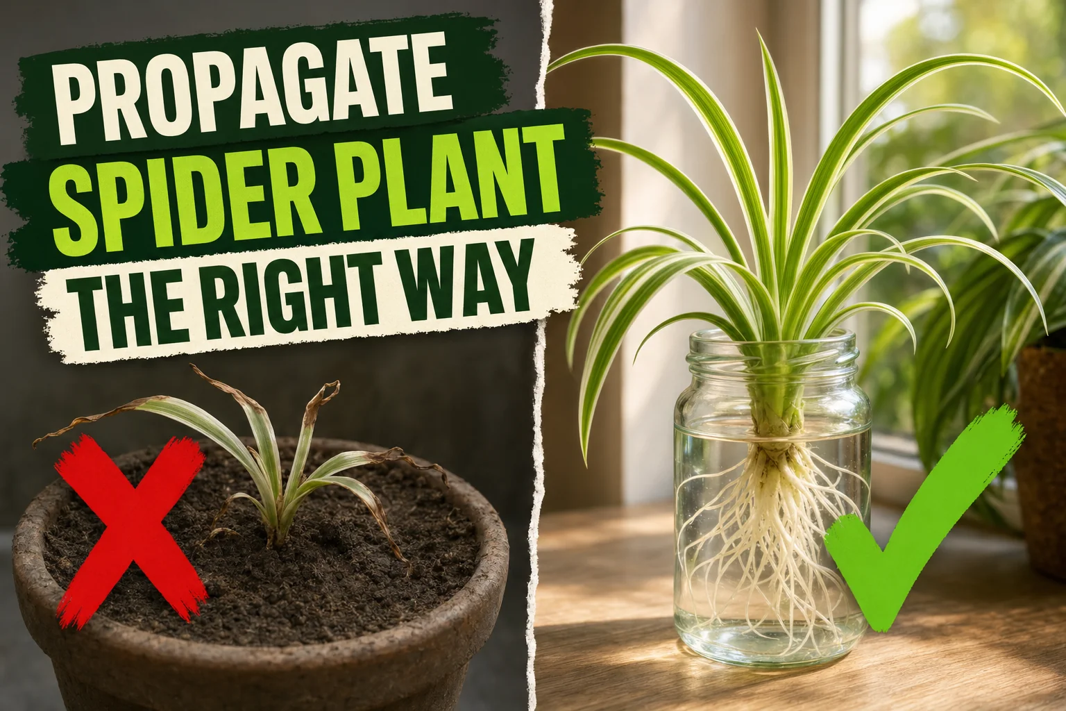 Split-screen showing a wilting spider plant pup in dry soil on the left and a healthy pup rooting in a clear glass jar of water on the right.