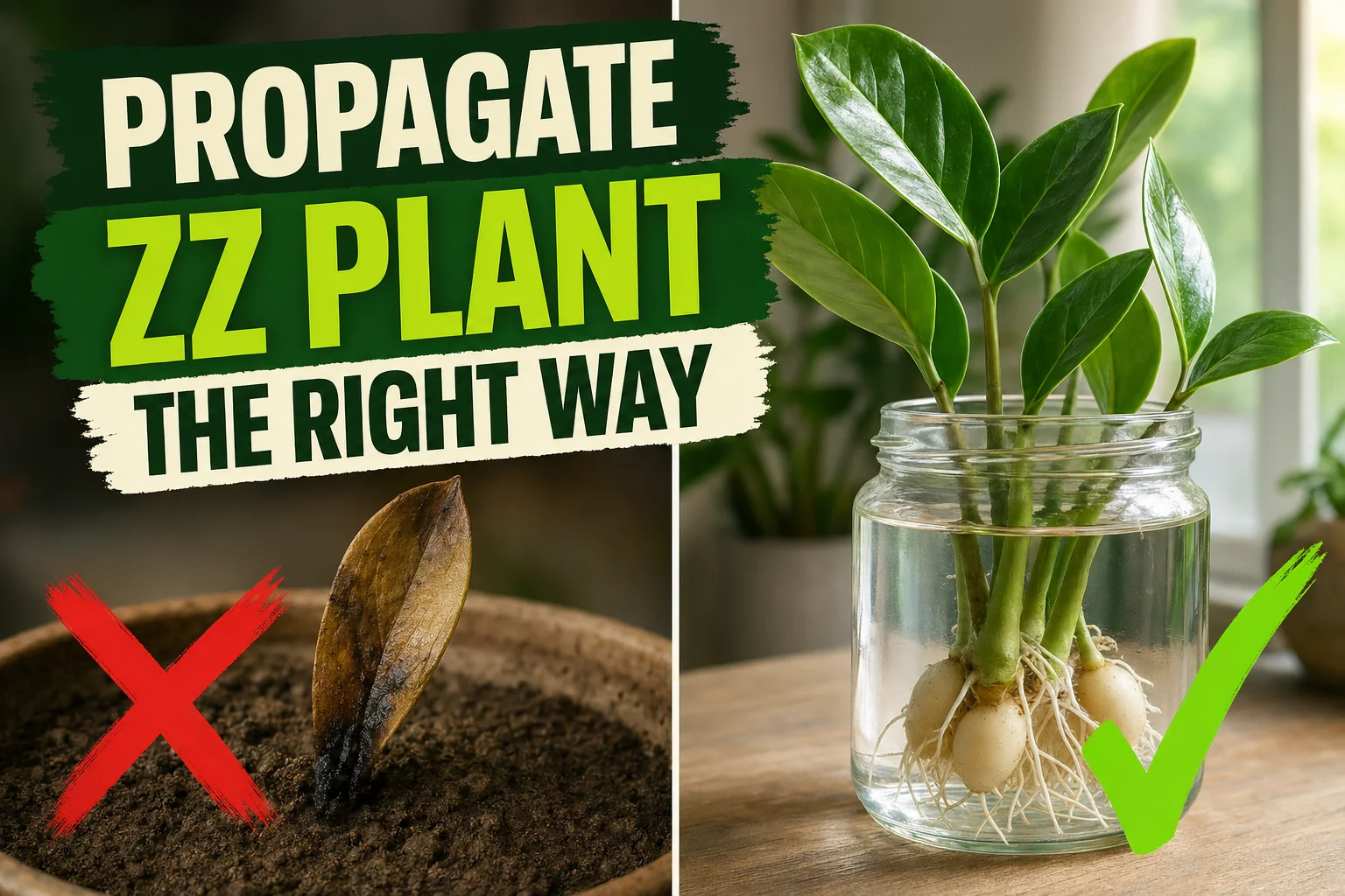 Split-screen showing a failed ZZ leaflet rotting in dry soil on the left and ZZ leaflets in water with white rhizomes forming on the right.