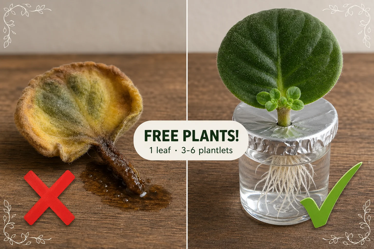 Split-screen of a rotted African violet leaf on the left and a healthy Saintpaulia leaf rooted in a glass jar with white roots and baby plantlets on the right.