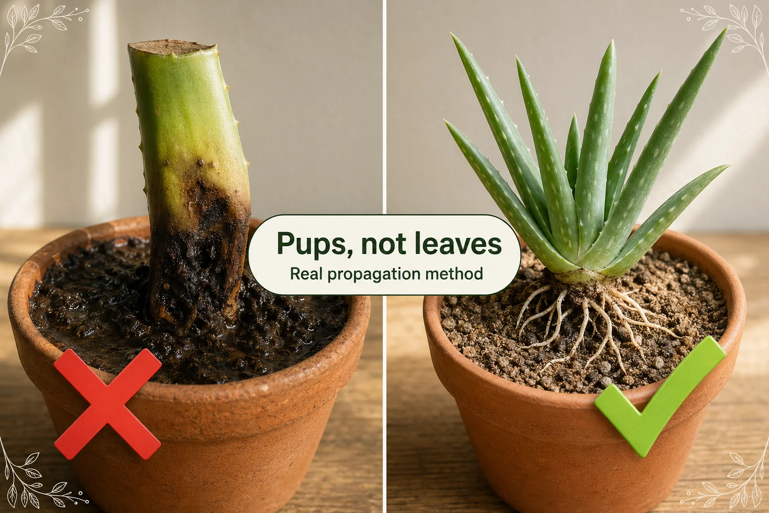 Split-screen showing a rotting aloe vera leaf cutting in soggy soil on the left and a healthy aloe pup separated from its mother plant in fresh dry soil on the