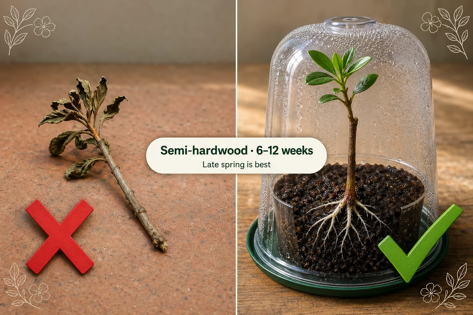 Split-screen comparing a dried-out azalea cutting outside any dome on the left versus a healthy azalea cutting with white roots in moist acidic mix under a