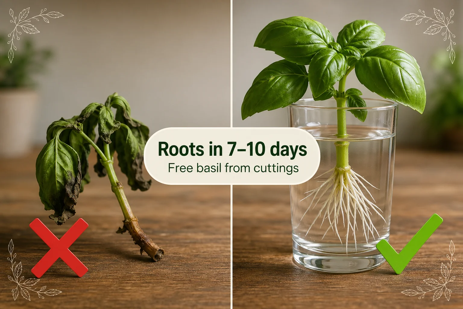Split-screen of a wilted brown basil cutting on the left and a healthy basil cutting with thick white roots in a glass of water on the right.