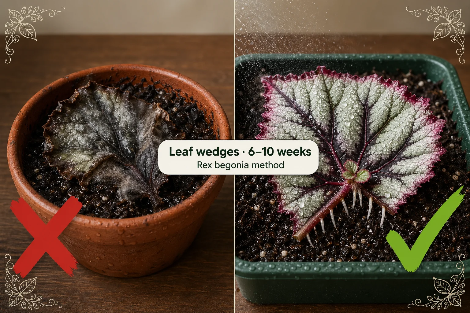 Split-screen of a rotted begonia leaf cutting on the left and a healthy rex begonia wedge with white root nubs on moist mix on the right