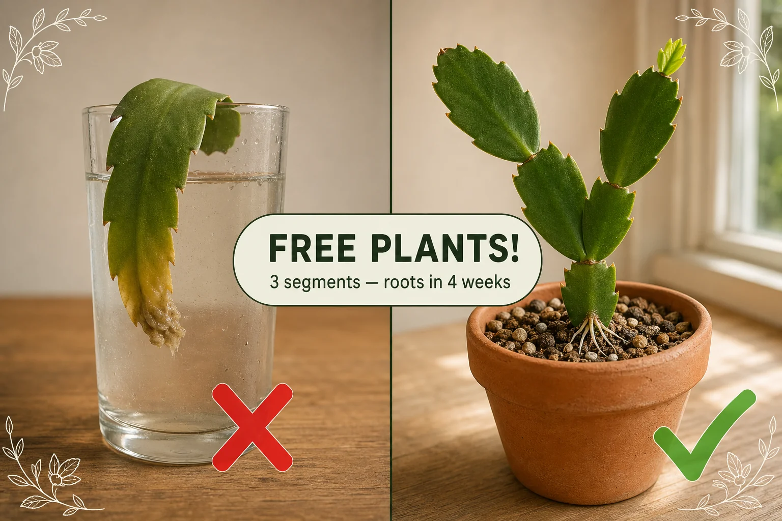Split-screen of a rotting Christmas cactus segment in water on the left and a healthy 3-segment Y-shaped cutting rooting in damp cactus mix on the right.
