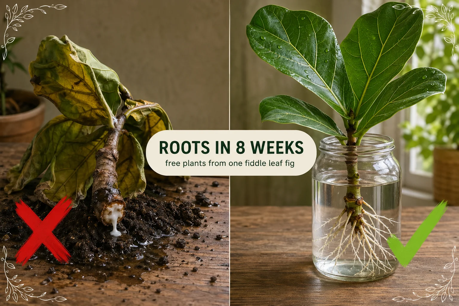 Split-screen showing a failed fiddle leaf fig cutting wilting in soggy soil on the left and a healthy stem cutting rooting in clear water on the right.