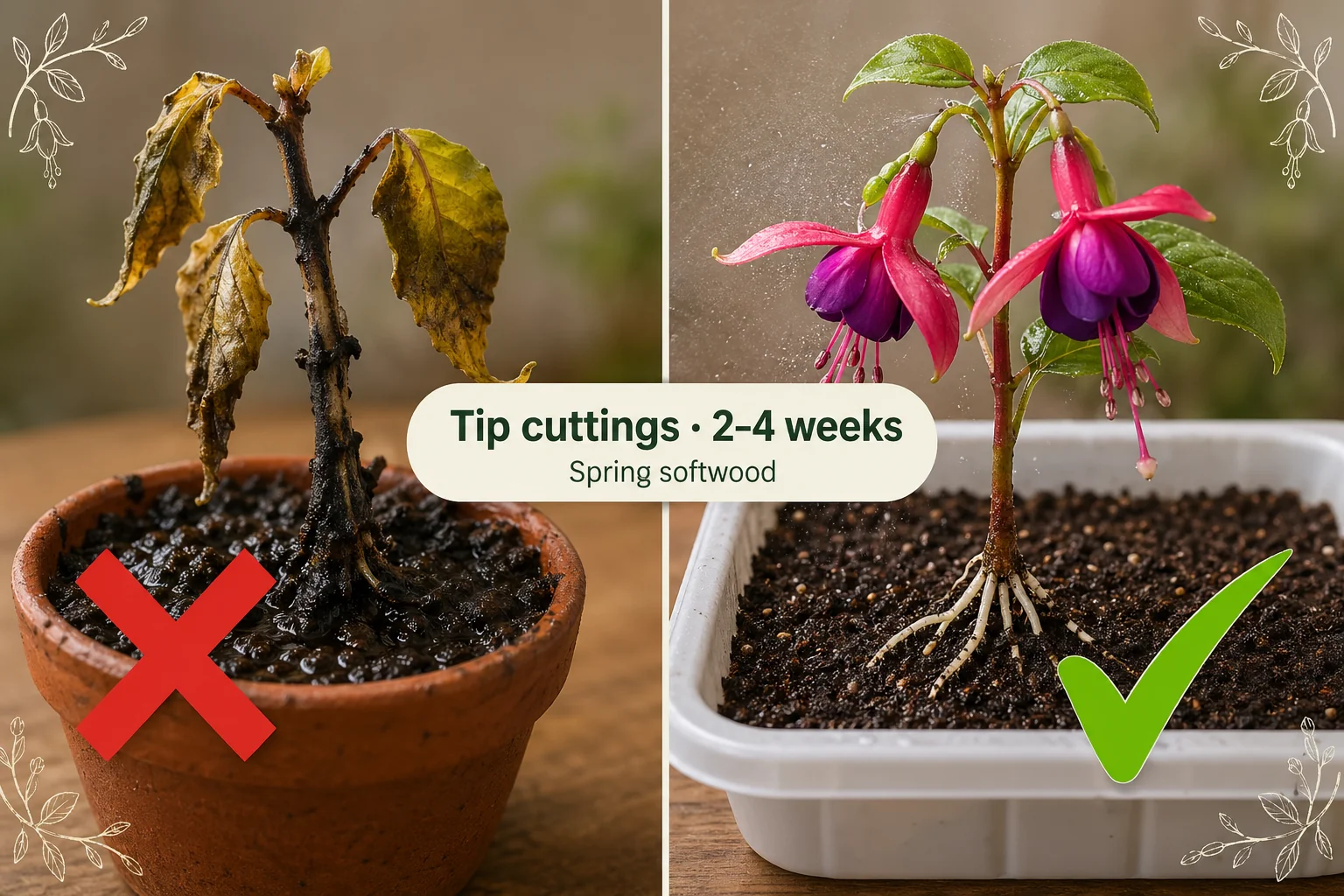 Split-screen of a rotted fuchsia cutting with a black stem on the left versus a healthy fuchsia cutting with bright pink and purple flowers and white root nubs