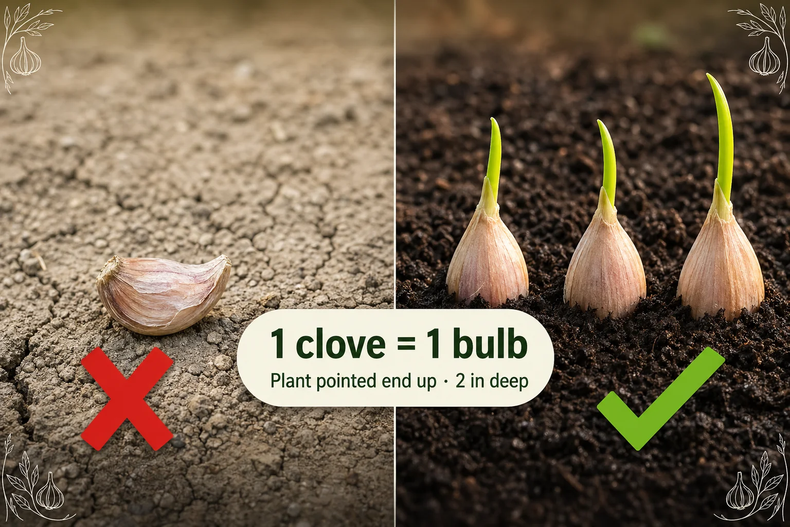 Split-screen showing a shriveled dry garlic clove in cracked soil on the left versus a row of sprouting garlic cloves with green shoots in dark moist soil on