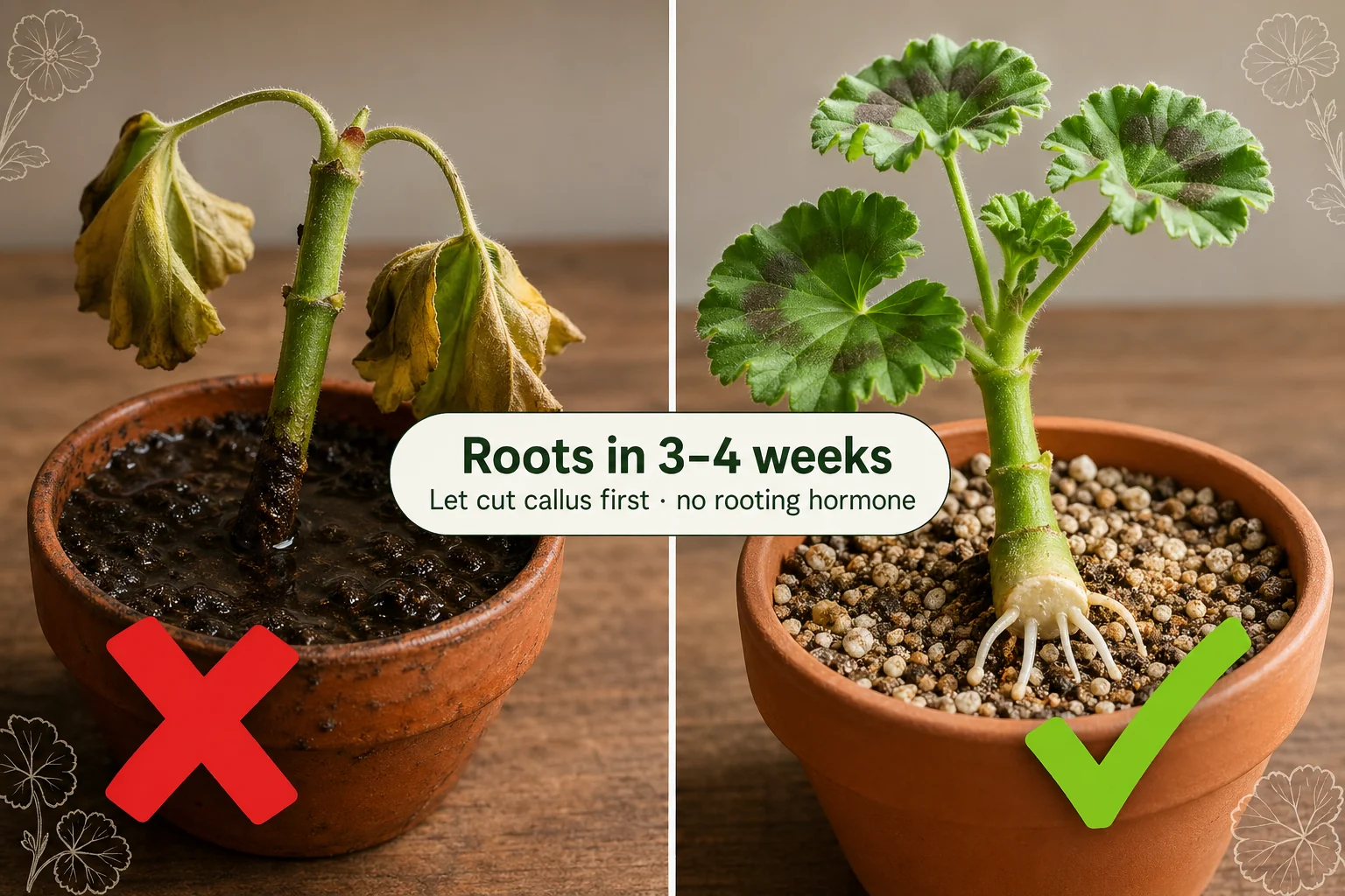 Split-screen of a geranium cutting rotting in soggy soil on the left versus a callused geranium cutting with white roots in gritty mix on the right.