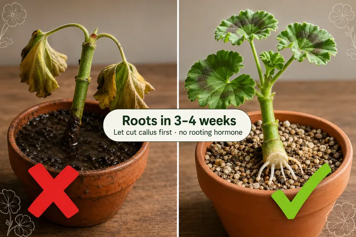 Split-screen of a geranium cutting rotting in soggy soil on the left versus a callused geranium cutting with white roots in gritty mix on the right.