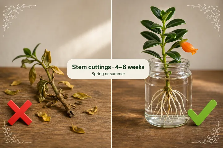 Split-screen comparing a wilting goldfish plant cutting with shed leaves on the left versus a Nematanthus gregarius stem cutting rooted in a glass jar with