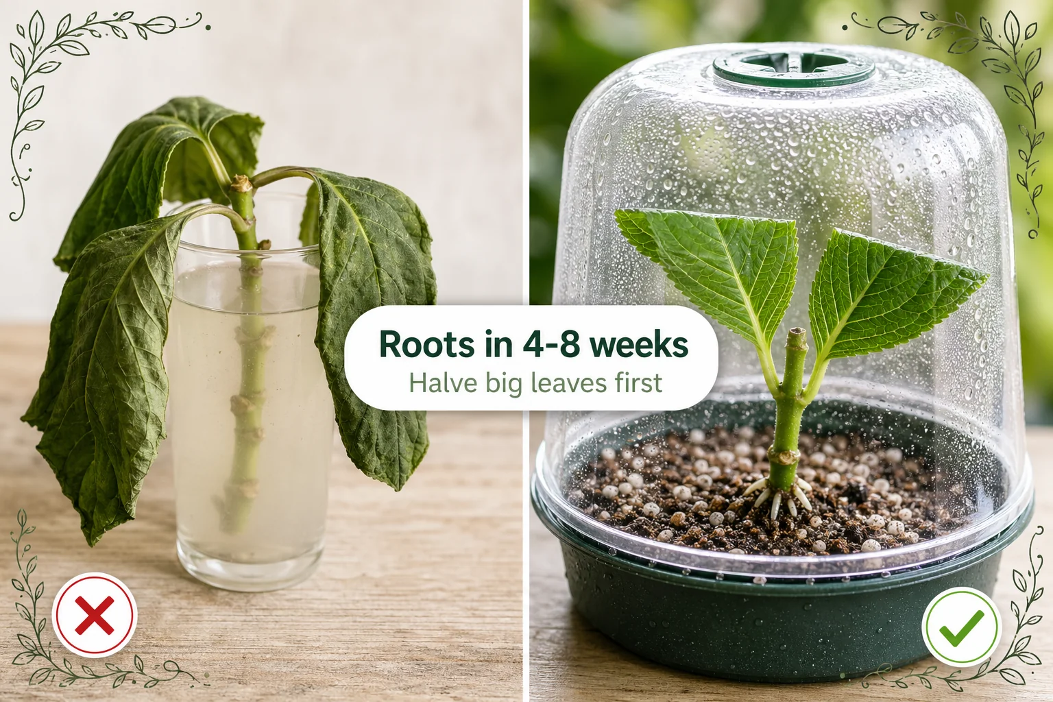 Split-screen: a wilted full-leaf hydrangea cutting that lost too much water on the left versus a halved-leaf cutting with new white roots under a clear
