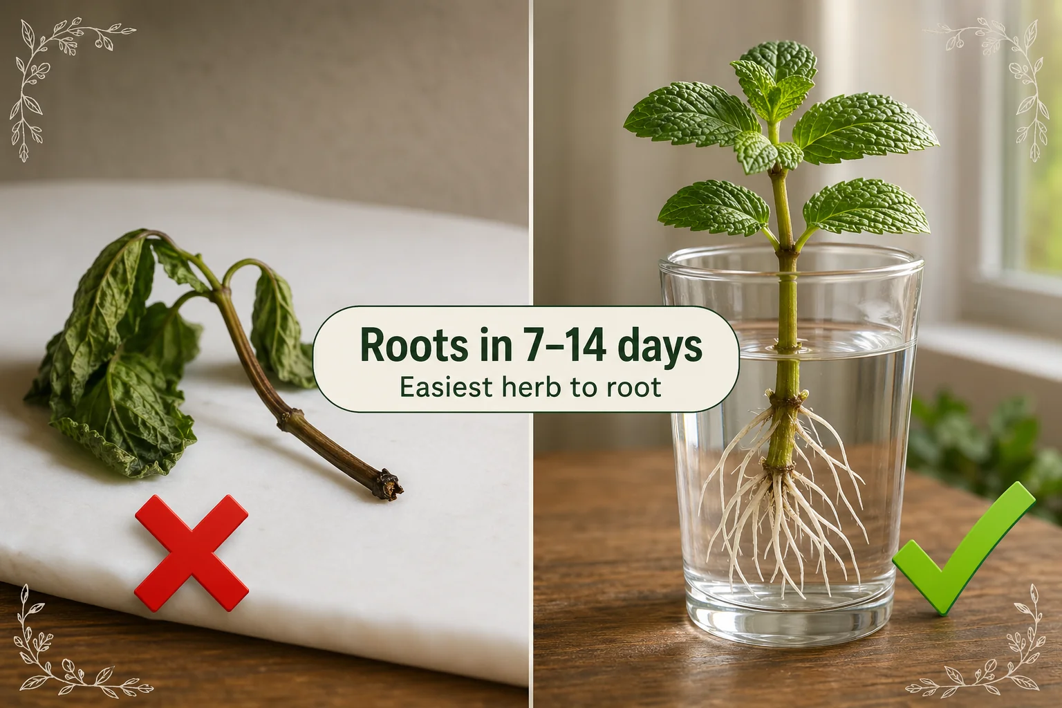 Split-screen comparing a wilted mint cutting with no roots on the left versus a mint cutting in a glass of water with thick white roots on the right.