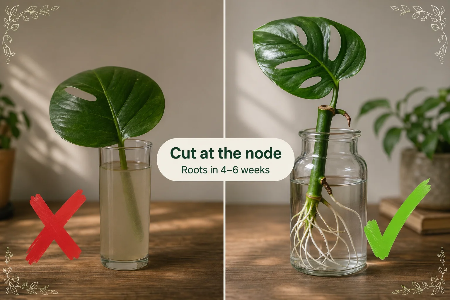 Split-screen comparison: a Monstera leaf-only cutting in cloudy water with no roots versus a node and aerial root cutting in a glass jar with healthy white