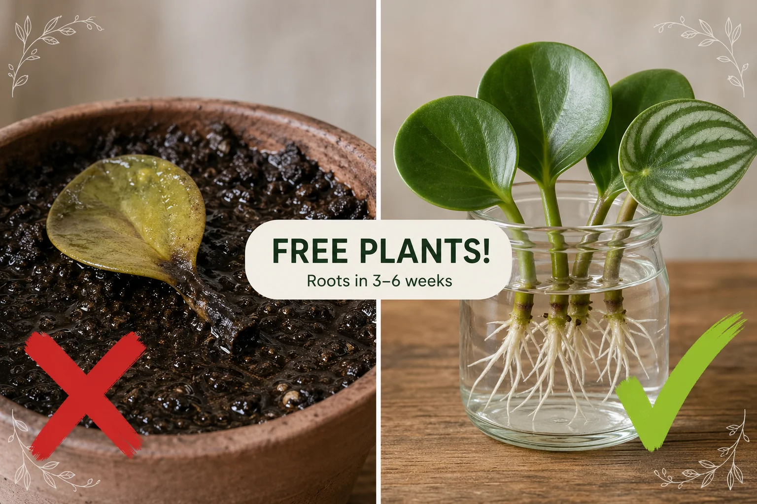 Split-screen of a rotting Peperomia leaf in soggy soil on the left and clean leaf cuttings rooting in glass jars and a moist propagation tray on the right.