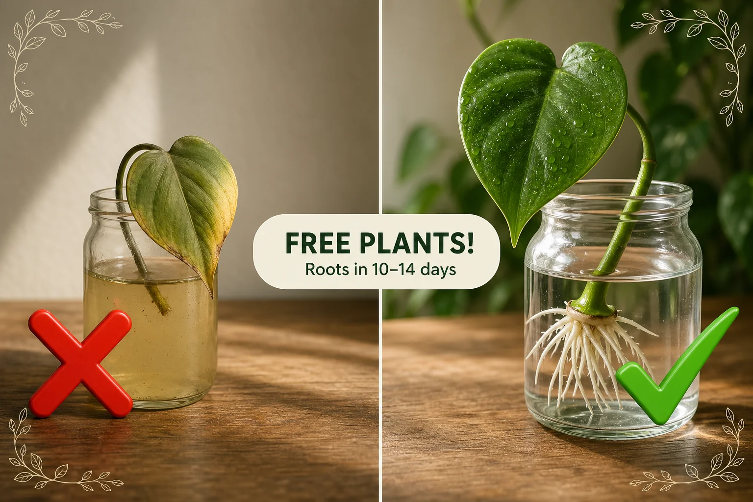 Split-screen of a leaf-only philodendron cutting failing in cloudy water on the left and a healthy node cutting forming white roots in a glass jar on the right