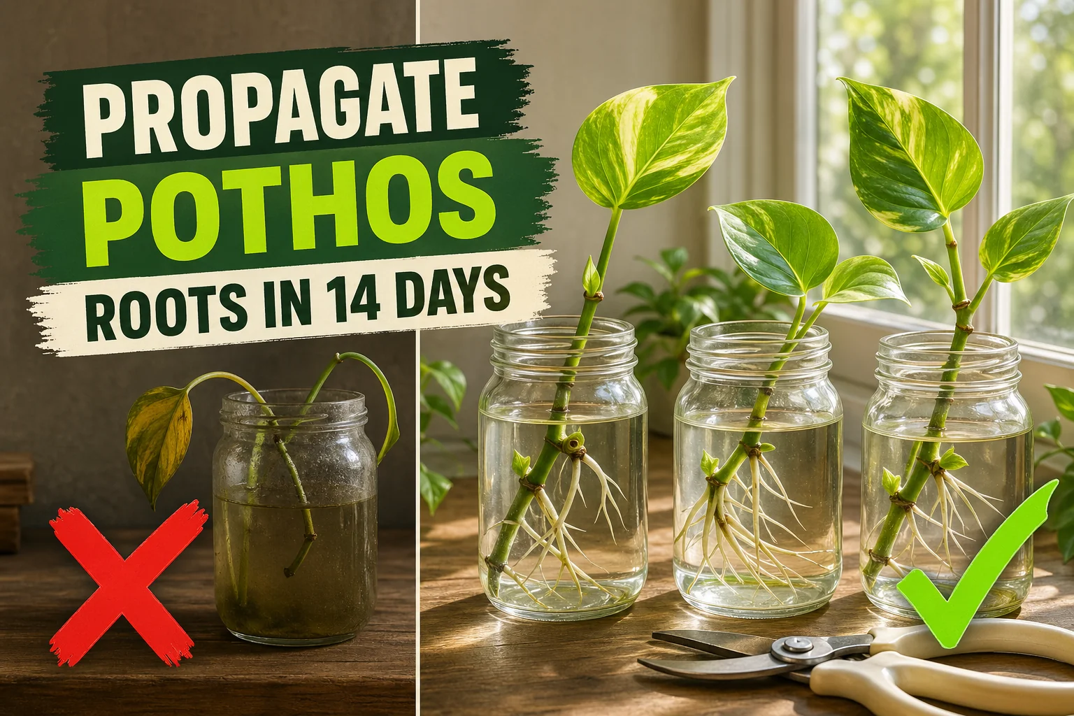 Split-screen of a failed pothos cutting in cloudy water on the left versus three jars of pothos cuttings rooting on a sunny windowsill on the right.