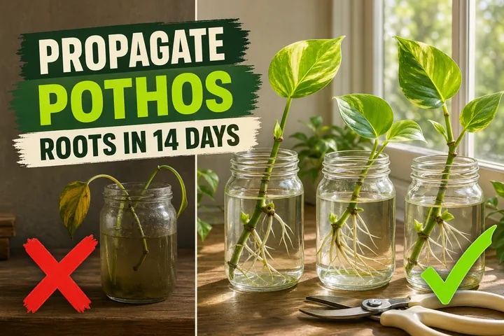 Split-screen of a failed pothos cutting in cloudy water on the left versus three jars of pothos cuttings rooting on a sunny windowsill on the right.