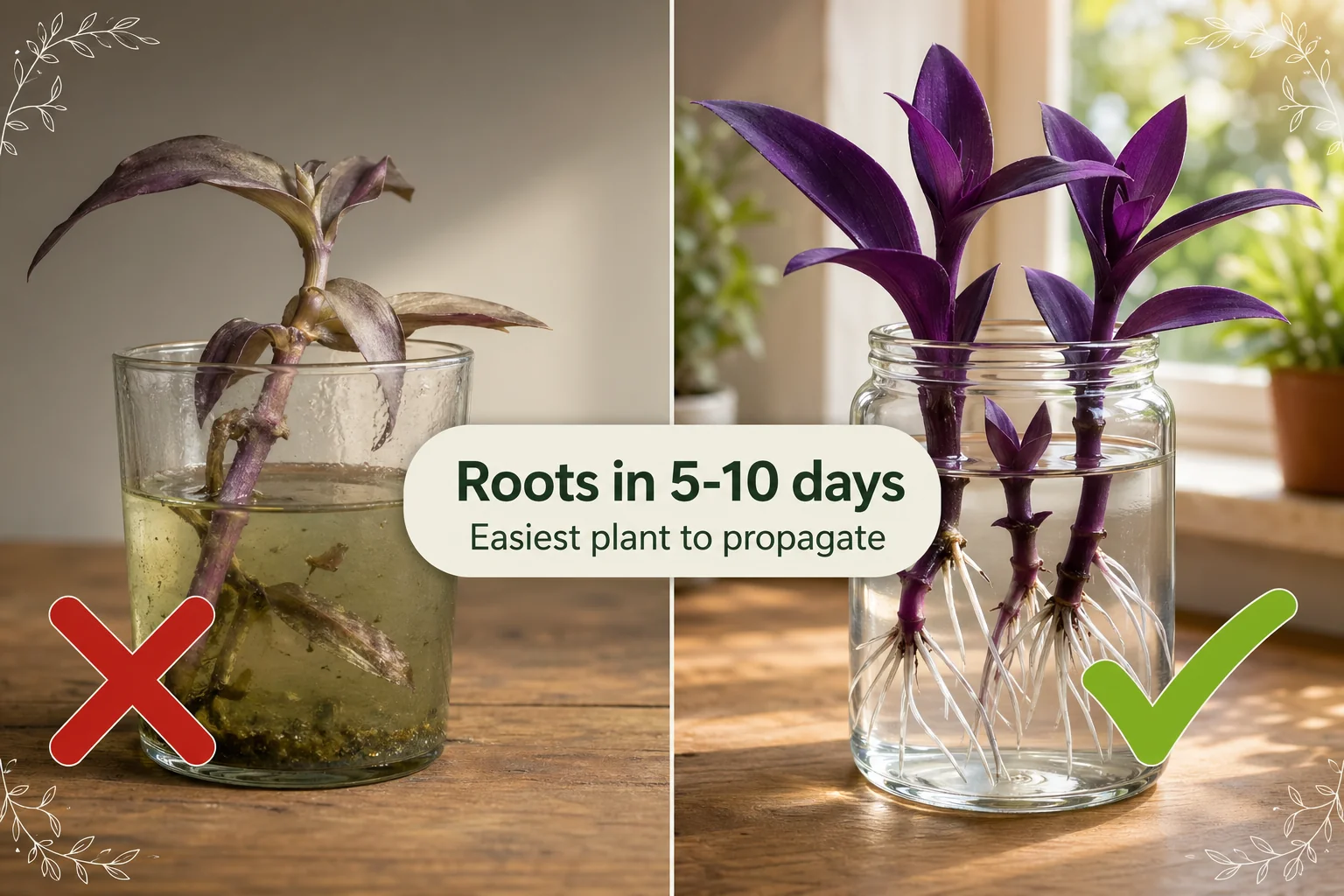 Split-screen of a leggy faded purple heart cutting in murky water on the left versus vibrant purple Tradescantia pallida cuttings with white roots in a clean