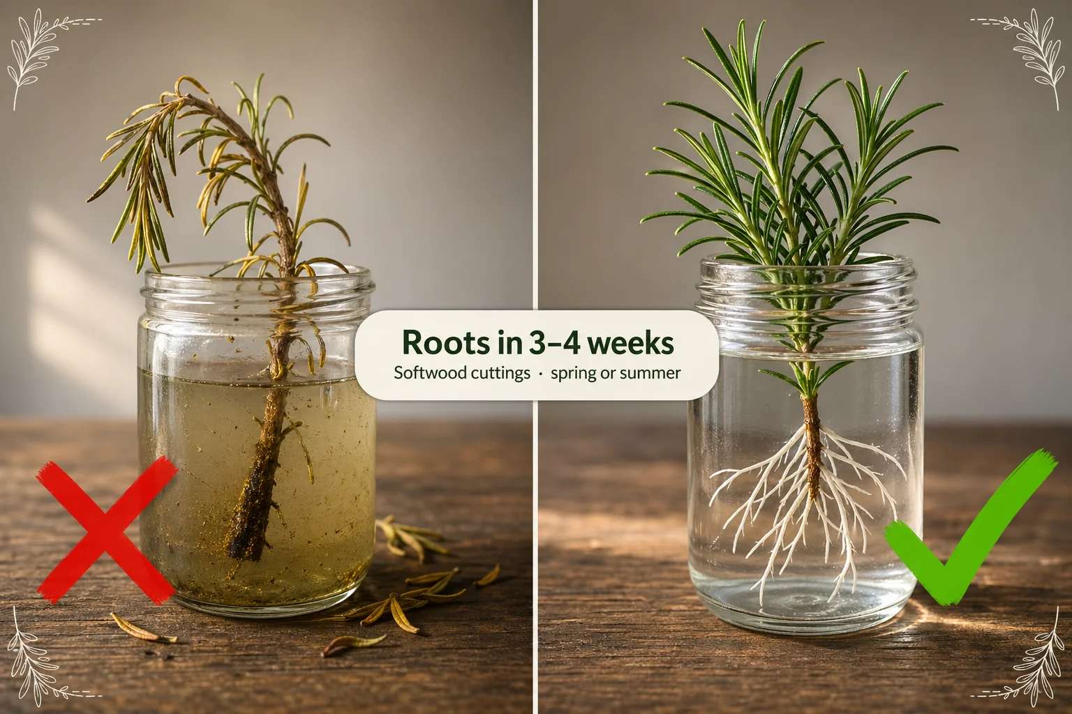 Split-screen comparing a wilted rosemary cutting with root rot in cloudy water on the left versus a healthy softwood cutting with white roots in a clean glass