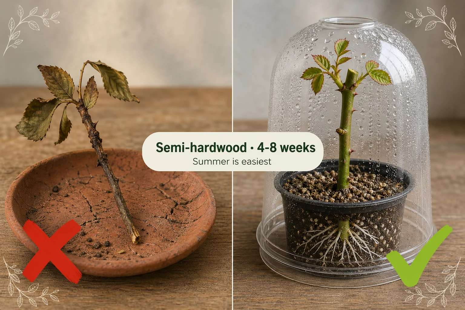 Split-screen of a failed brown rotted rose cutting outside a humidity dome with a red X on the left versus a healthy semi-hardwood rose cutting with white
