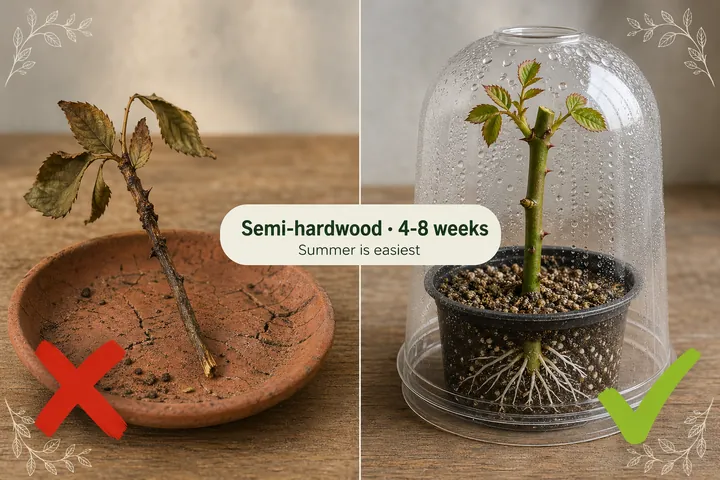 Split-screen of a failed brown rotted rose cutting outside a humidity dome with a red X on the left versus a healthy semi-hardwood rose cutting with white