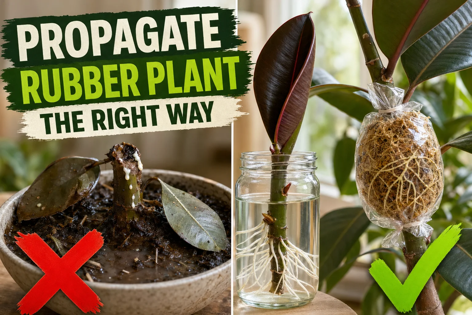Split-screen showing a failed rubber plant cutting in soggy soil on the left and a healthy rooting cutting in water with air-layering on the right.