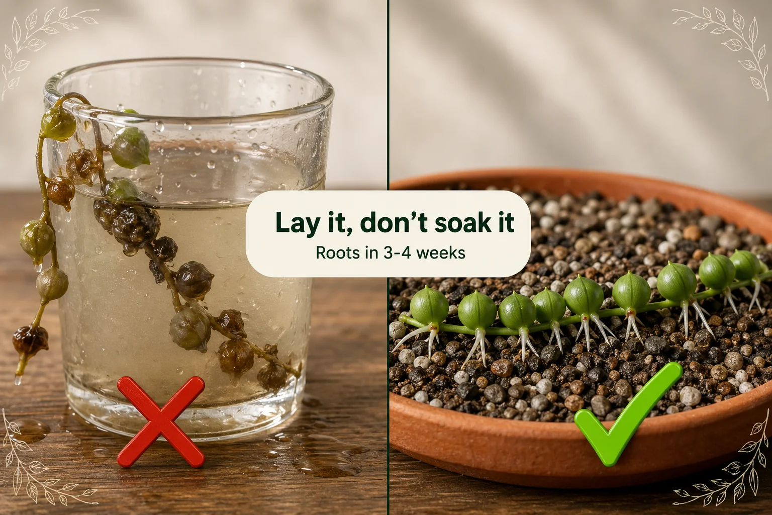 Split-screen of a rotting string of pearls strand in cloudy water on the left versus a healthy strand laid on dry succulent mix with new white roots