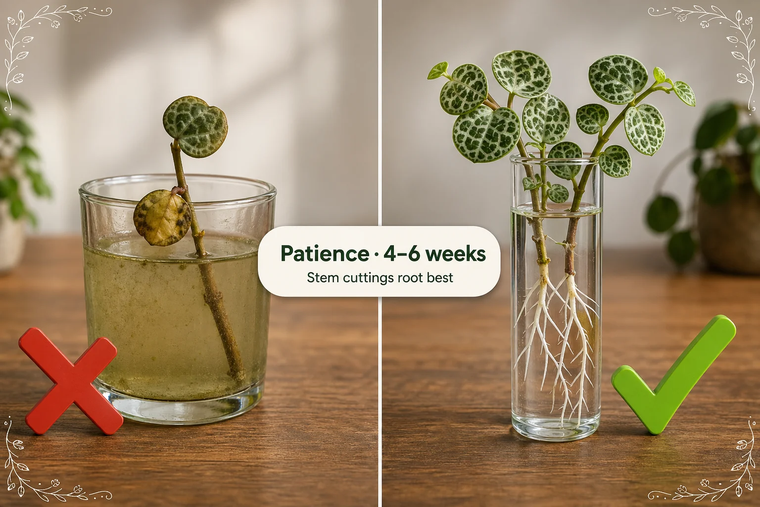 Split-screen of a yellowing string of turtles stem fragment in cloudy water on the left versus healthy Peperomia prostrata cuttings with tiny white roots