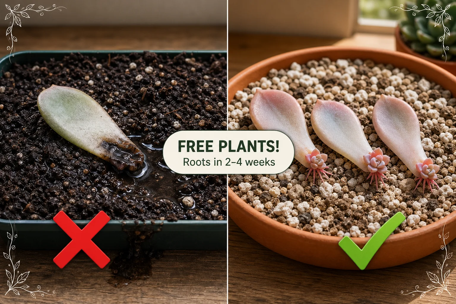 Split-screen showing a rotting wet succulent leaf in soggy soil on the left and clean calloused leaves rooting on dry cactus mix on the right.