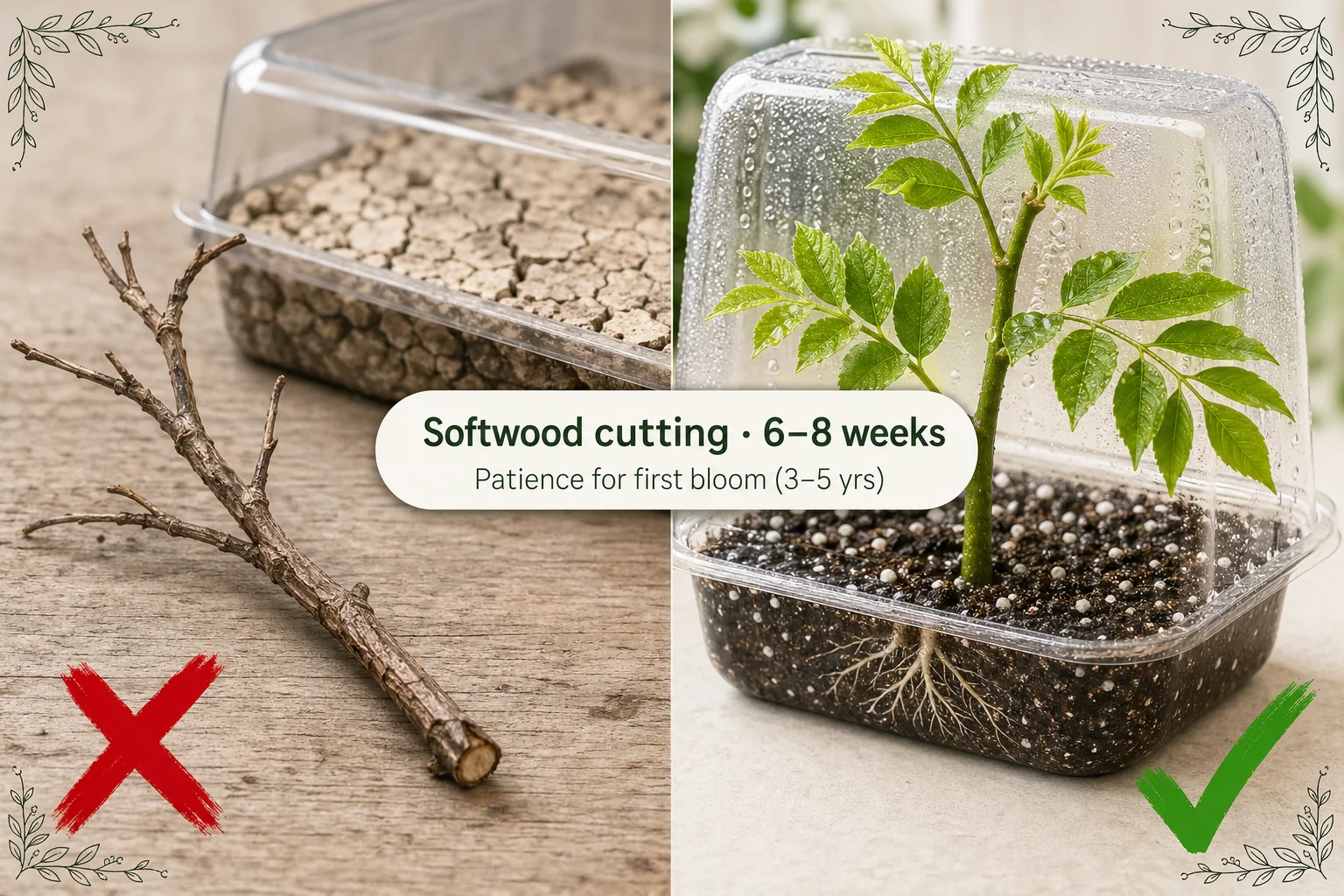 Split-screen of a dried failed wisteria cutting on the left versus a leafy rooted wisteria cutting in a propagation tray with mist droplets on the right.