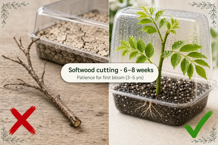 Split-screen of a dried failed wisteria cutting on the left versus a leafy rooted wisteria cutting in a propagation tray with mist droplets on the right.
