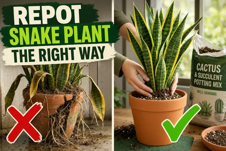 Split-screen showing a root-bound snake plant in a cracked pot on the left and a freshly repotted Dracaena trifasciata in a clean terracotta pot on the right.