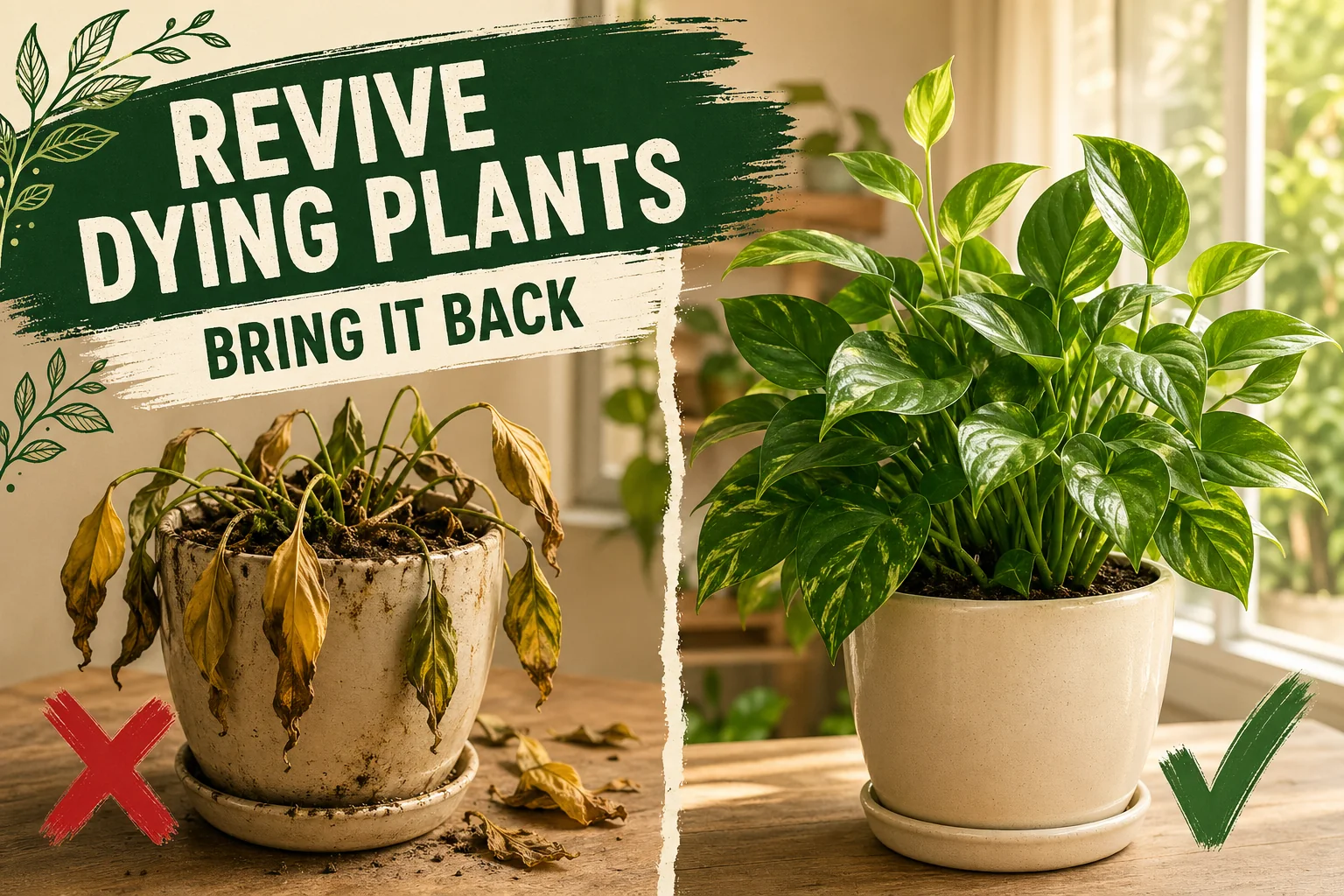 Wilting yellow houseplant in soggy soil versus a healthy thriving plant in a clean ceramic pot — how to revive a dying plant.