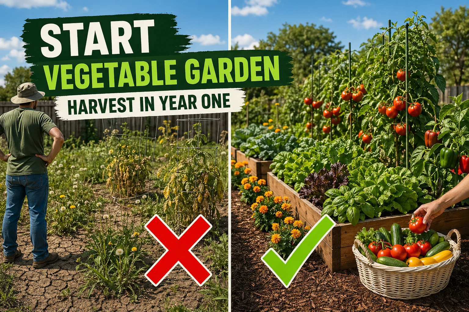 Split-screen comparison showing a weed-choked failed first-year vegetable garden on the left versus a tidy productive raised-bed garden full of tomatoes.