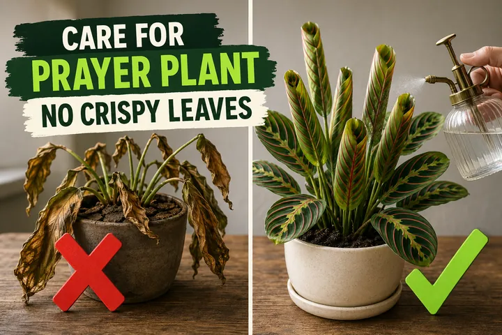 Split-screen prayer plant care: drooping crispy-leaved Maranta on the left versus a vibrant prayer plant with folded leaves being misted on the right.